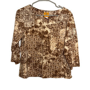 Ruby Rd. Brown Geometric Print 3/4 Sleeve Top